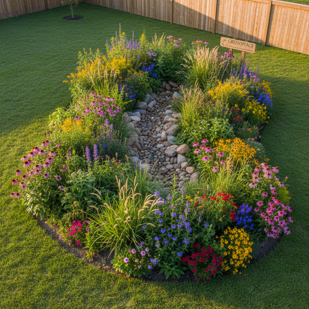 A vibrant, eco-friendly rain garden filled with native wildflowers and grasses at the edge of a residential property, designed to capture and filter runoff. Rounded river rocks and a gentle dip in the landscape guide rainwater through the garden. Bright morning sunlight casts lively highlights on dewdrops and brings out the varied textures and colors of the plants. The environment is lush and subtly wild, framed by a sustainable wooden fence in the background. The atmosphere is fresh, eco-conscious, and slightly whimsical, captured from a bird’s eye view with a crisp focus on the intricacies of the plantings. The image style is photo-realistic and organically vibrant, reinforcing Greenspace’s commitment to environmentally responsible landscape solutions.