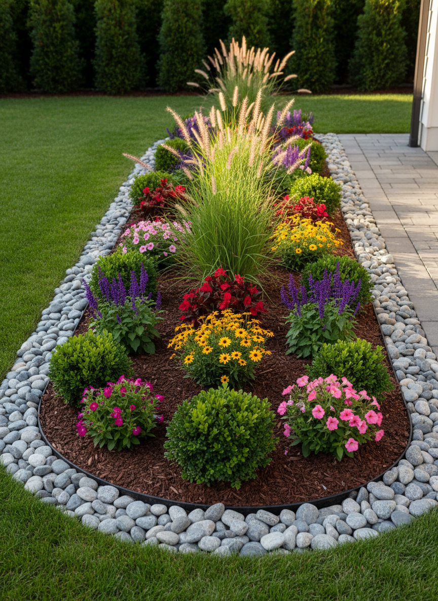 An immaculately edged garden bed featuring polished river stones and a precisely maintained variety of shrubs, ornamental grasses, and seasonal blooms in a contemporary backyard environment. The plants display rich greens and pops of color, surrounded by a dark, freshly mulched base. Subtle afternoon sunlight bathes the garden, creating intricate highlights on glossy leaves and gentle shadows beneath each plant. The overall ambiance is serene, organized, and elegantly minimal, shot with a balanced, centered composition using natural photographic realism. This image highlights the detail-oriented approach of a landscape maintenance expert.