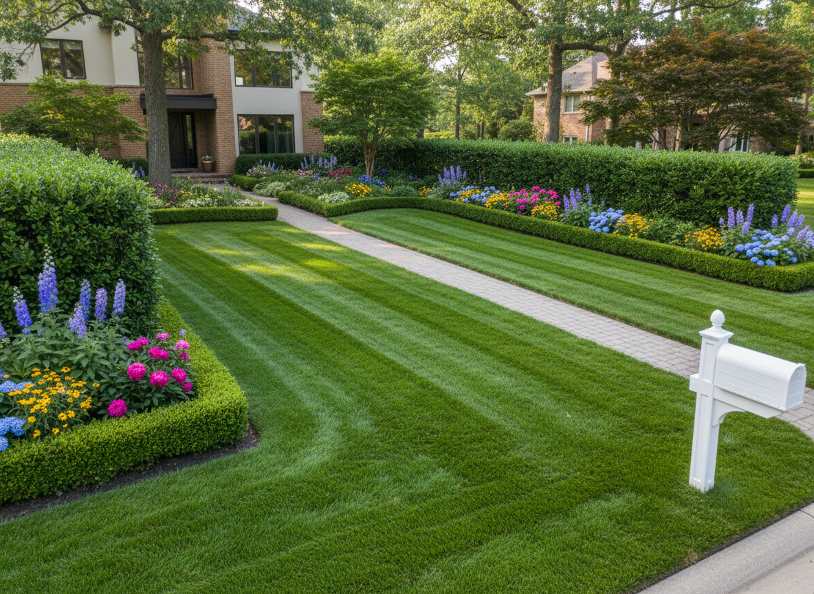 A perfectly manicured, lush green residential lawn with intricate mowing stripes, bordered by expertly trimmed hedges and vibrant flower beds filled with blooming perennials. The setting is a suburban front yard, featuring a modern brick pathway and a glossy white mailbox near the street. Gentle mid-morning sunlight filters through mature shade trees, casting soft, dappled shadows across the scene and highlighting the texture of the grass. The mood is calm and inviting, evoking a sense of pride and tranquility. Captured from a slightly elevated angle with a sharp focus throughout, following a clean, modern, and realistic aesthetic to emphasize the quality of professional lawn maintenance.