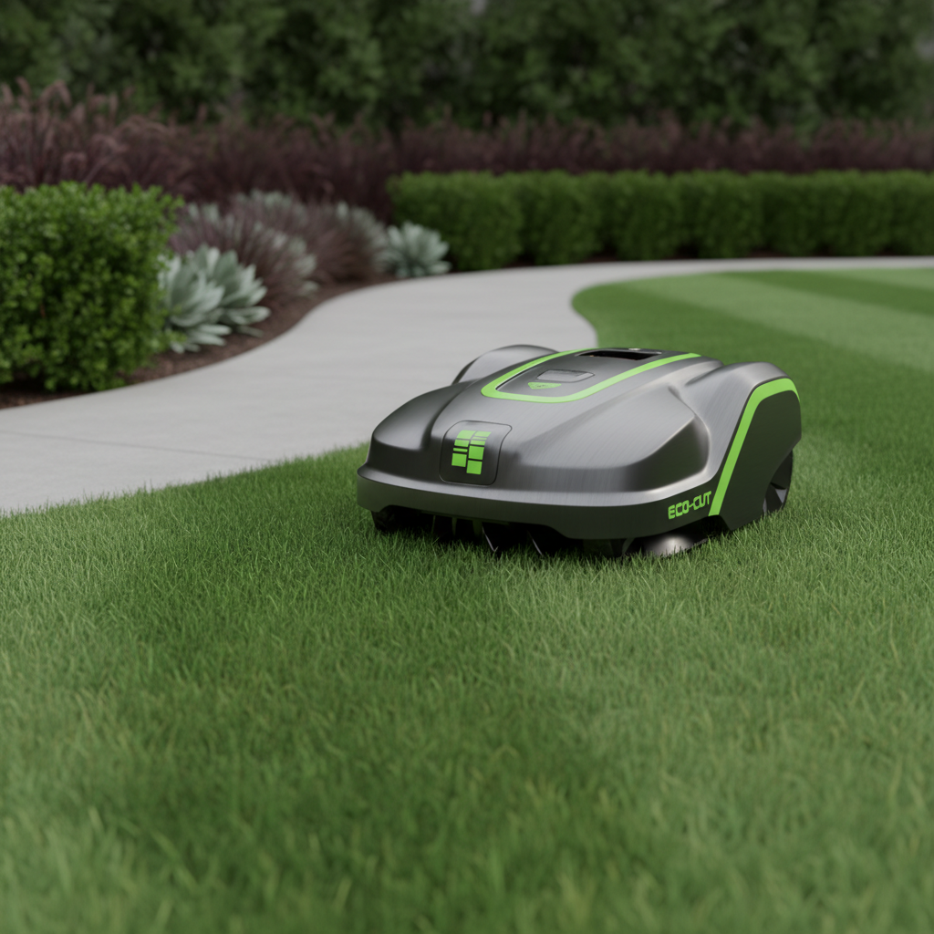 A close-up view of a state-of-the-art robotic lawn mower with a matte metallic finish, sleek contours, and vivid green branding gliding over a pristine patch of grass. The mower travels alongside a seamless, minimalist concrete walkway, framed by dense shrubbery and low-maintenance ornamental plants in the background. Soft, diffused overcast lighting produces gentle, subtle shadows and highlights that accentuate the detailed textures of the mower and lawn. The mood is innovative, efficient, and forward-thinking, aimed at conveying the high-tech solutions offered by modern lawn care. Shot from a low-angle perspective, focusing on the sophistication of the equipment in a clean, contemporary context.